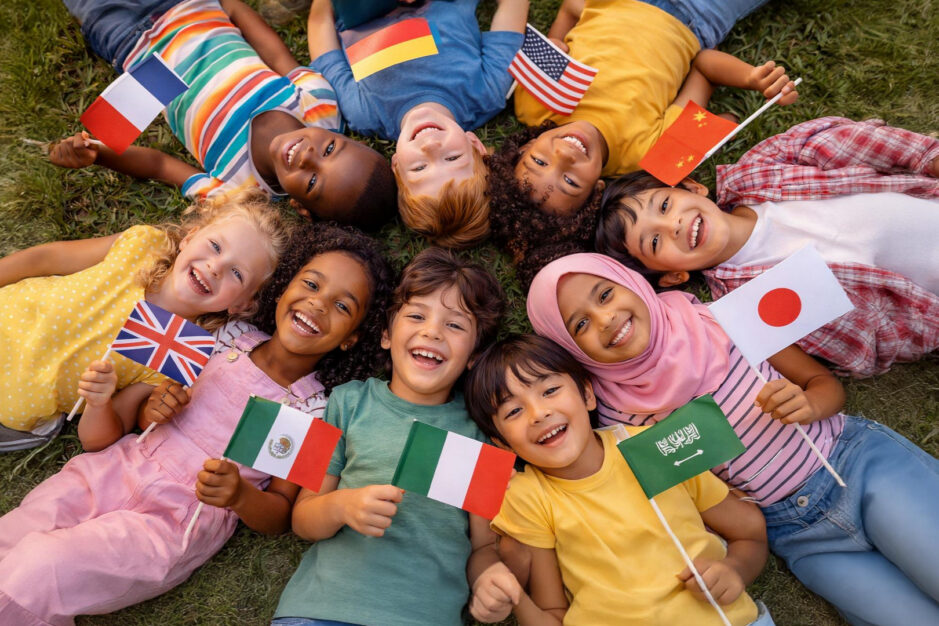 Bambini disesi in corcolo con bandierine che indicano la provenienza