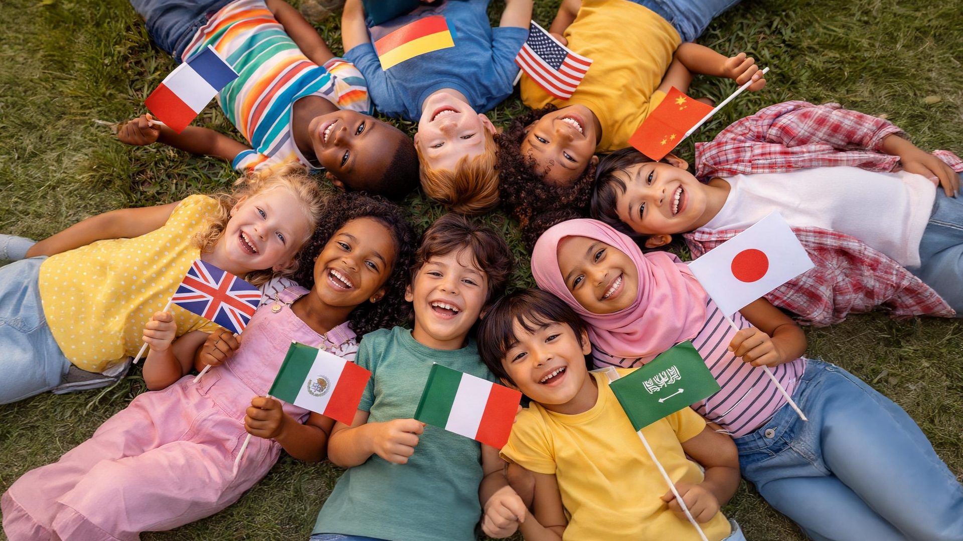 Bambini disesi in corcolo con bandierine che indicano la provenienza