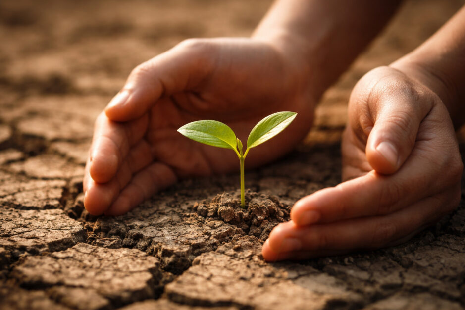Mani che delicatamente proteggono un germoglio che spenta dal terreno secco
