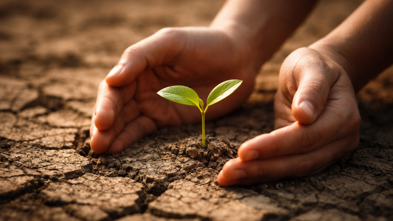 Mani che delicatamente proteggono un germoglio che spenta dal terreno secco