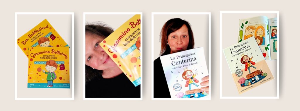 Collage di immagini dell'autrice Guia pesticcio Montenegro e le copertine dei suoi libri.