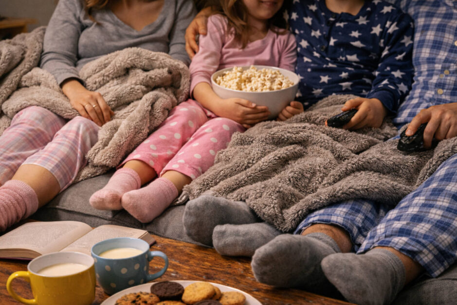 famiglia seduta insieme sul divano con i piedi appoggiati sul tavolino davanti a loro