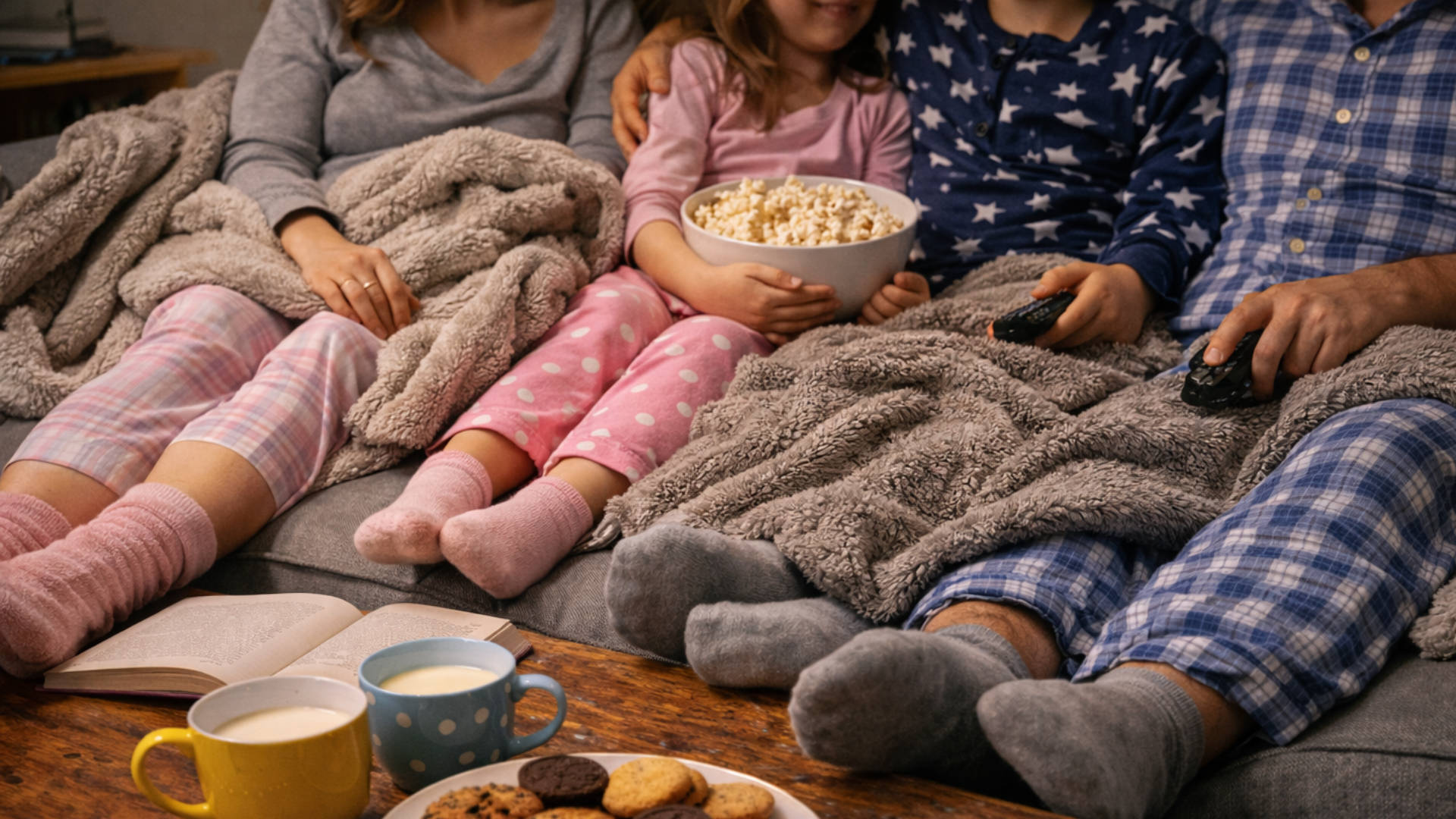 famiglia seduta insieme sul divano con i piedi appoggiati sul tavolino davanti a loro