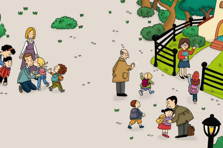 immagine dal libro "giacomino bollicino" di bambini all'ingresso della scuola