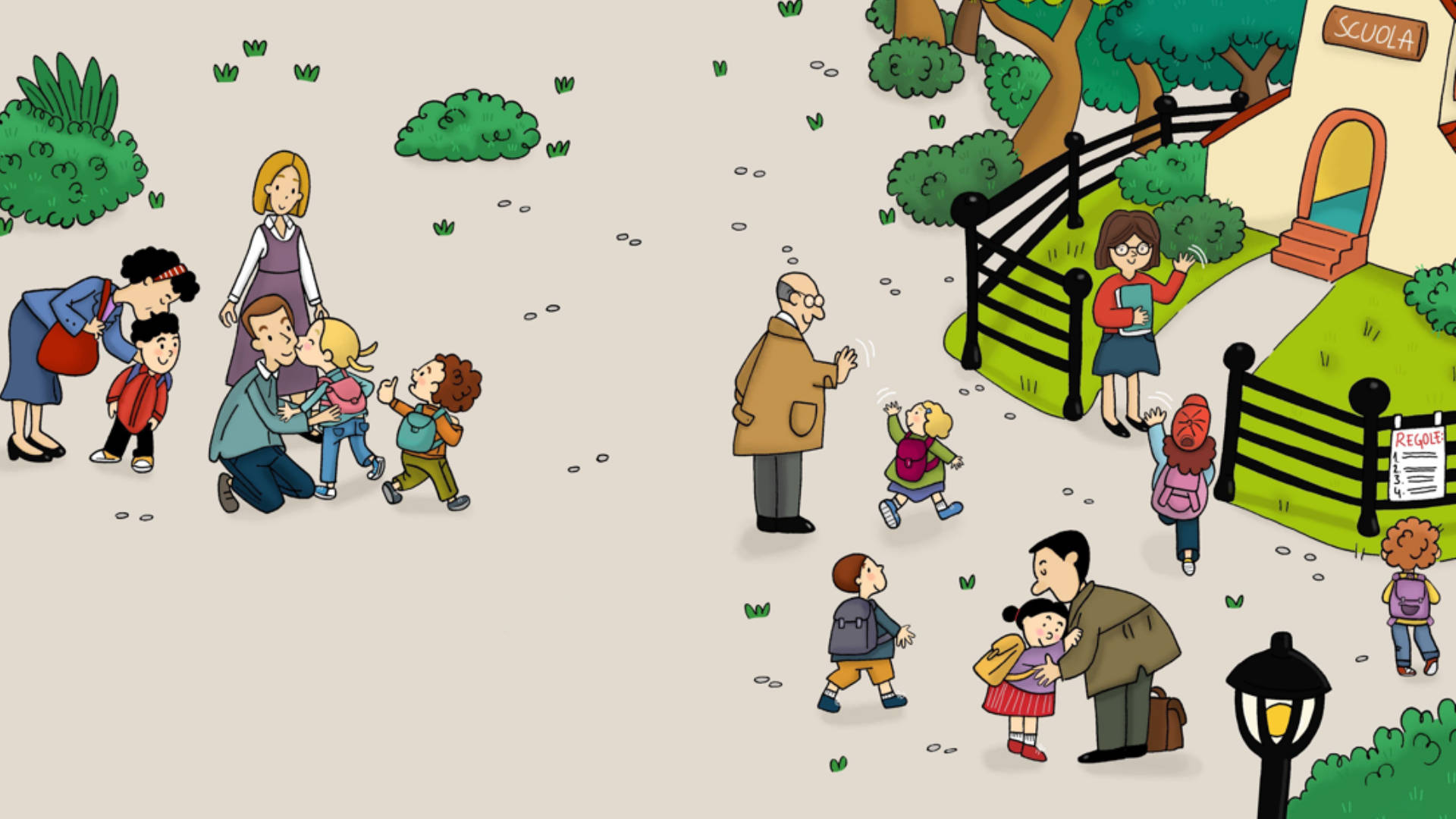 immagine dal libro "giacomino bollicino" di bambini all'ingresso della scuola