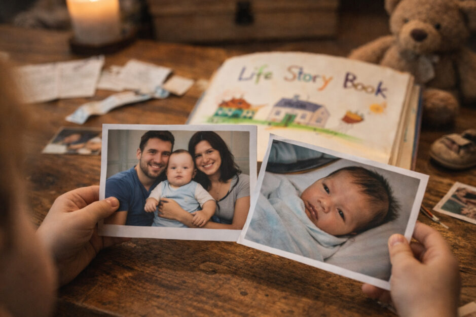 Bambino che guarda le fotografie e sfoglia il suo Life Story Book