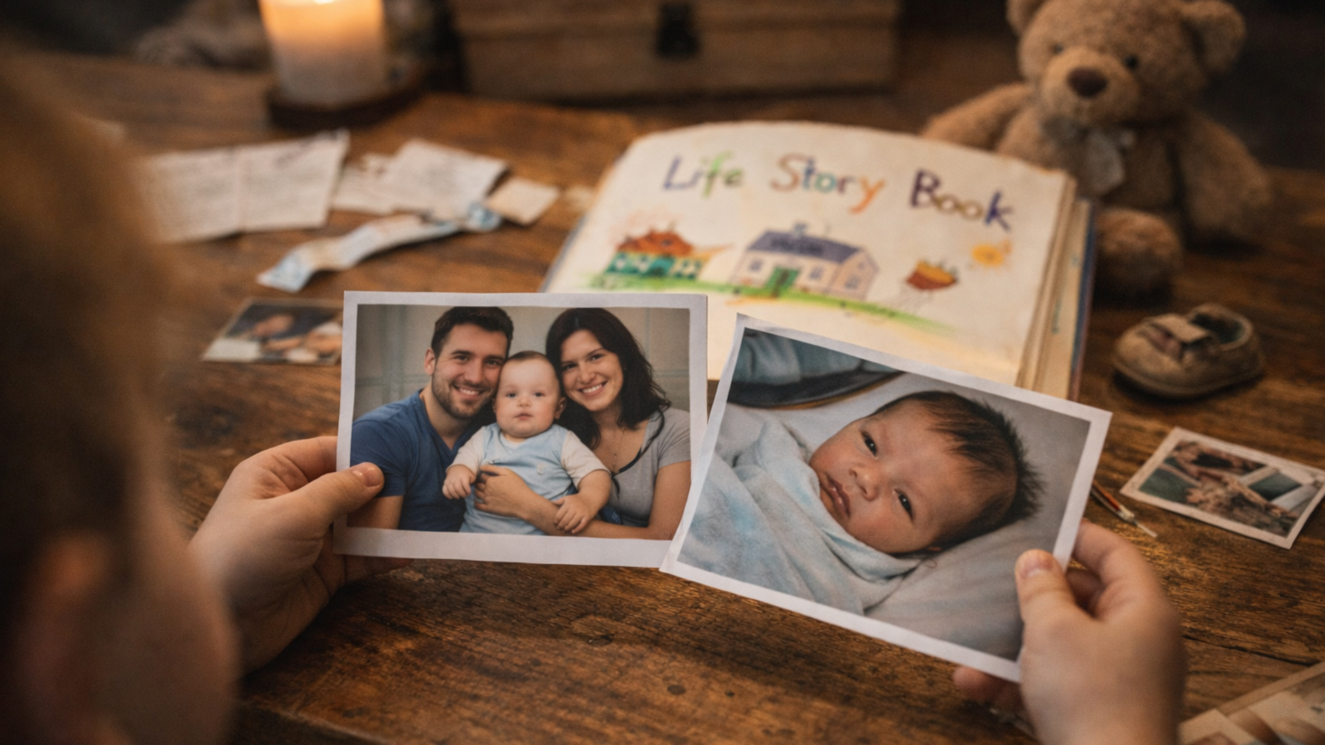 Bambino che guarda le fotografie e sfoglia il suo Life Story Book
