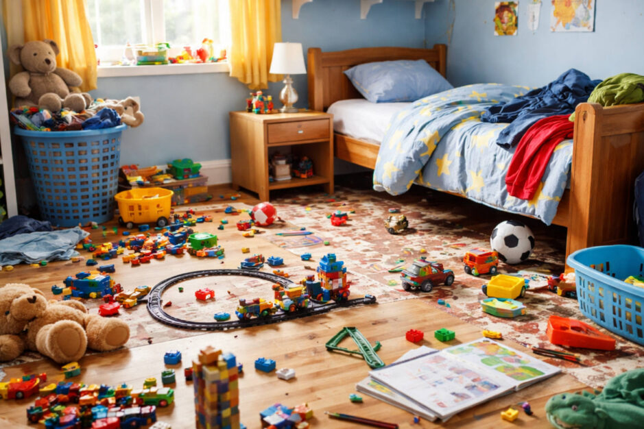 stanza di bambini in disordine con giocattoli sparsi per il pavimento