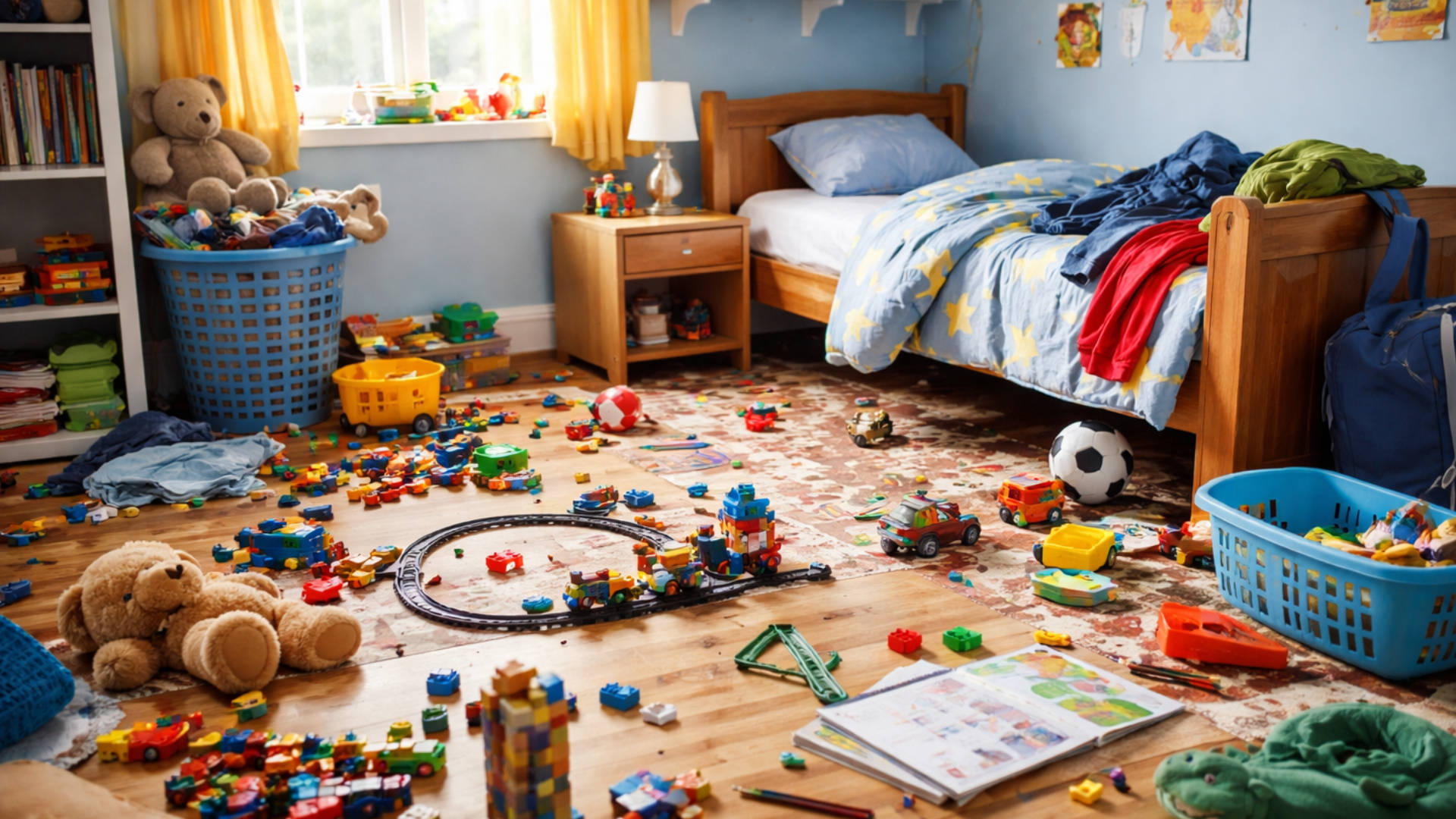 stanza di bambini in disordine con giocattoli sparsi per il pavimento