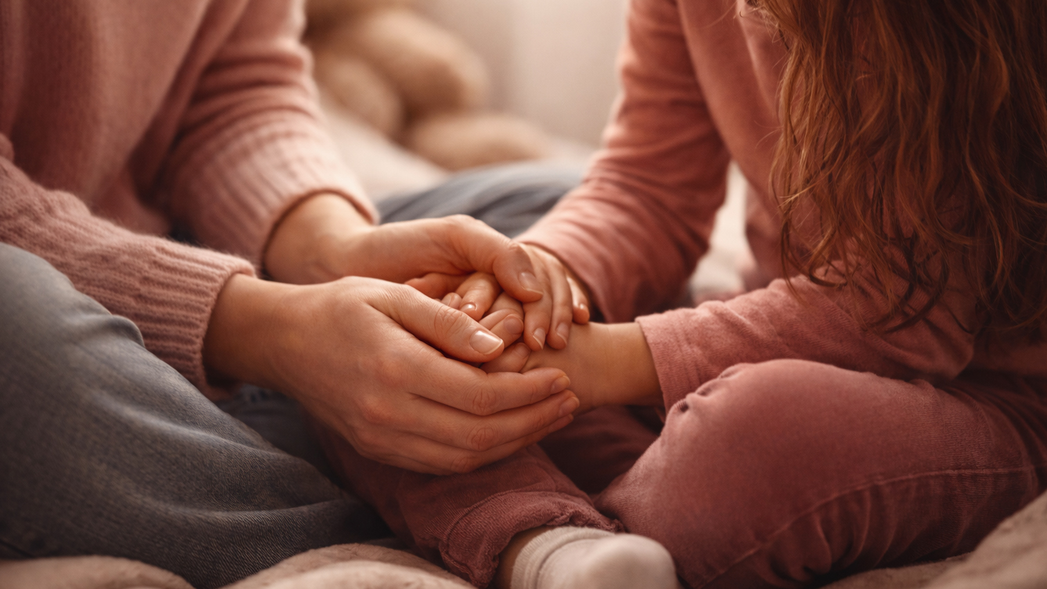 mamma che stringe le mani della figlia come supporto emotivo.