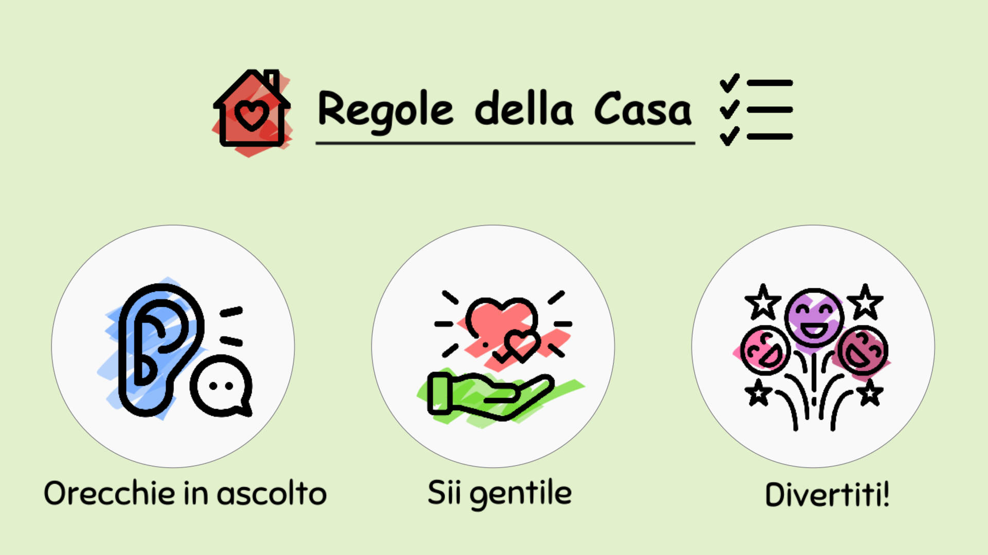 Poster con le tre regole d'oro a prova di bambino: orecchie in ascolto, sii gentile, divertiti.