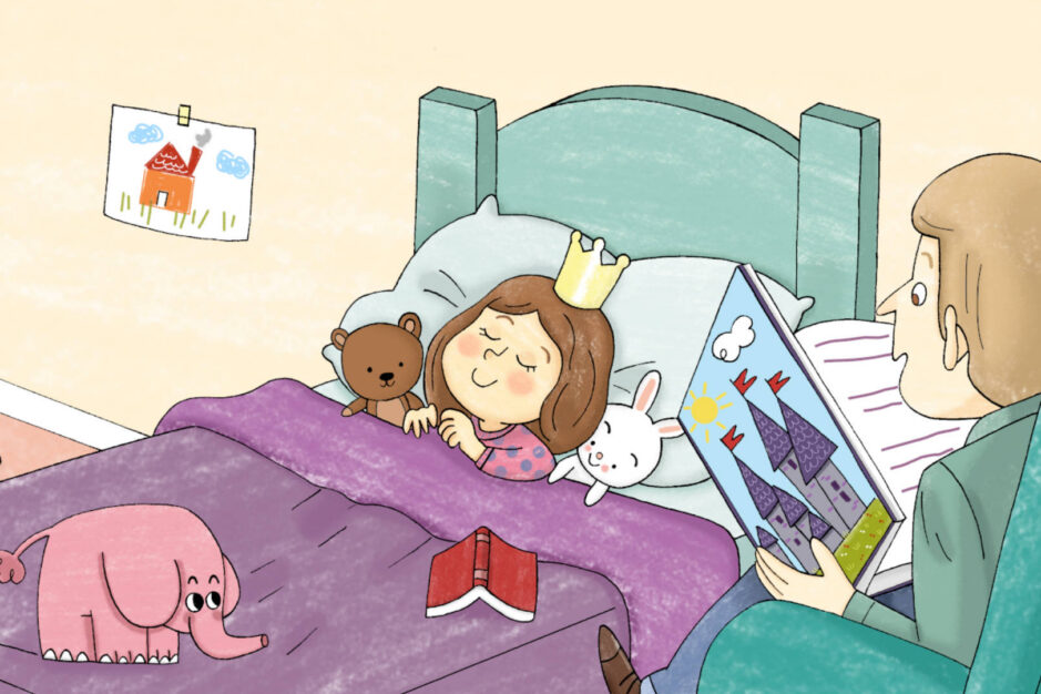 immagine dal libro "la principessa canterina" a letto con il padre che le legge una storia
