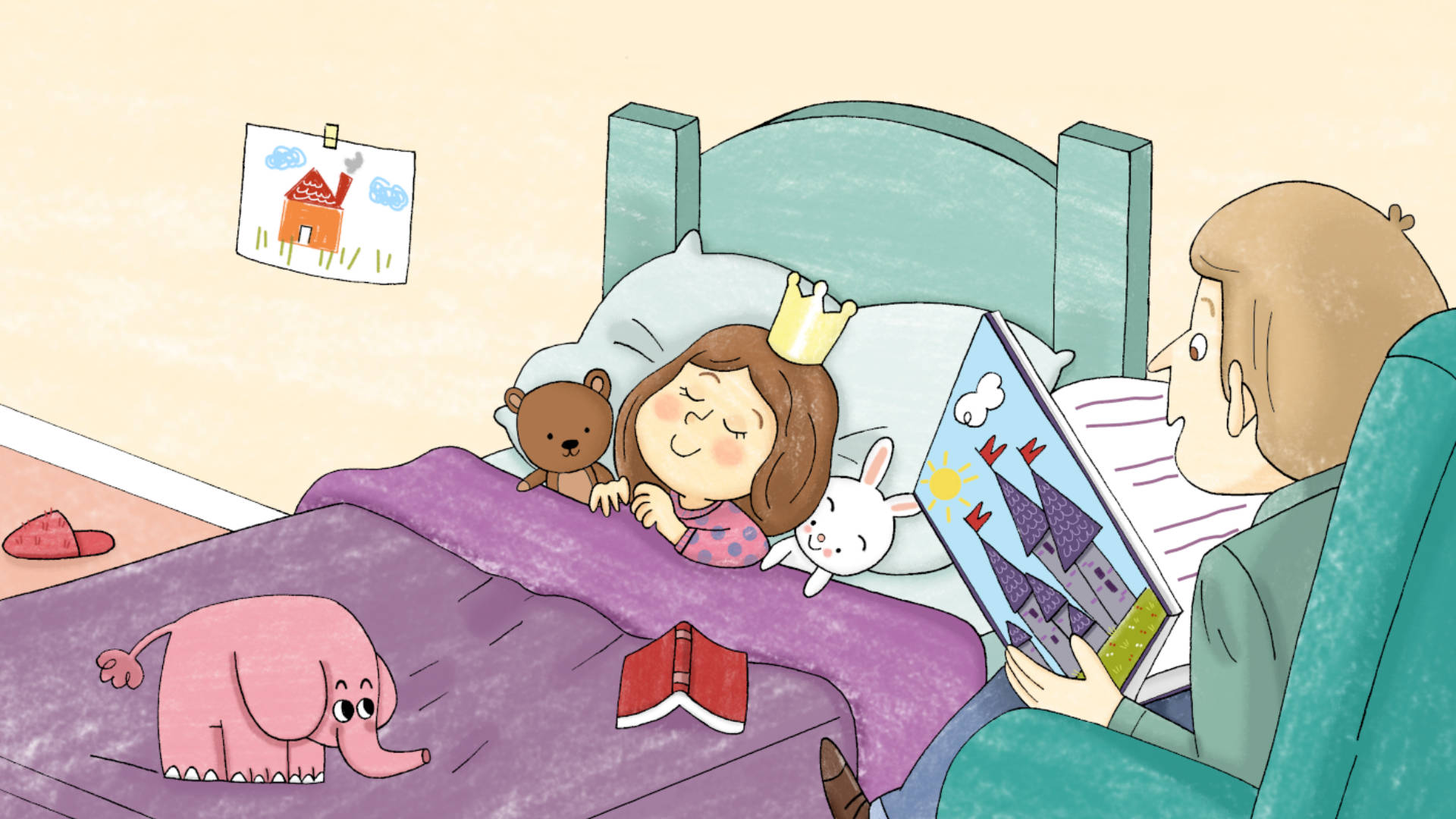 immagine dal libro "la principessa canterina" a letto con il padre che le legge una storia