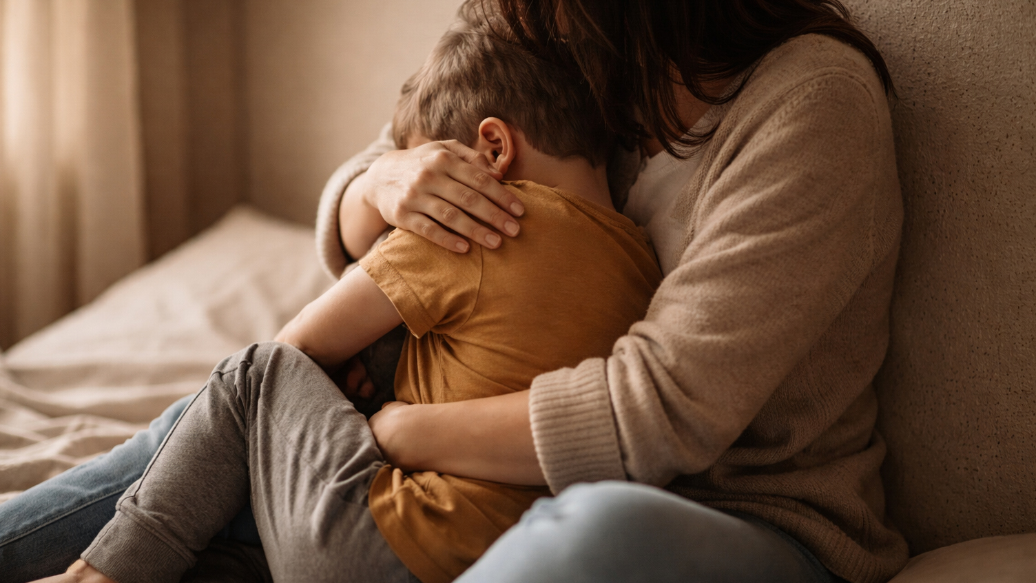 Mamma che abbraccia il figlio seduti sul letto.