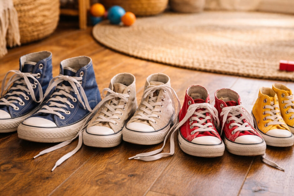 4 paia di scarpe da ginnastica a rappresentare i membri della famiglia