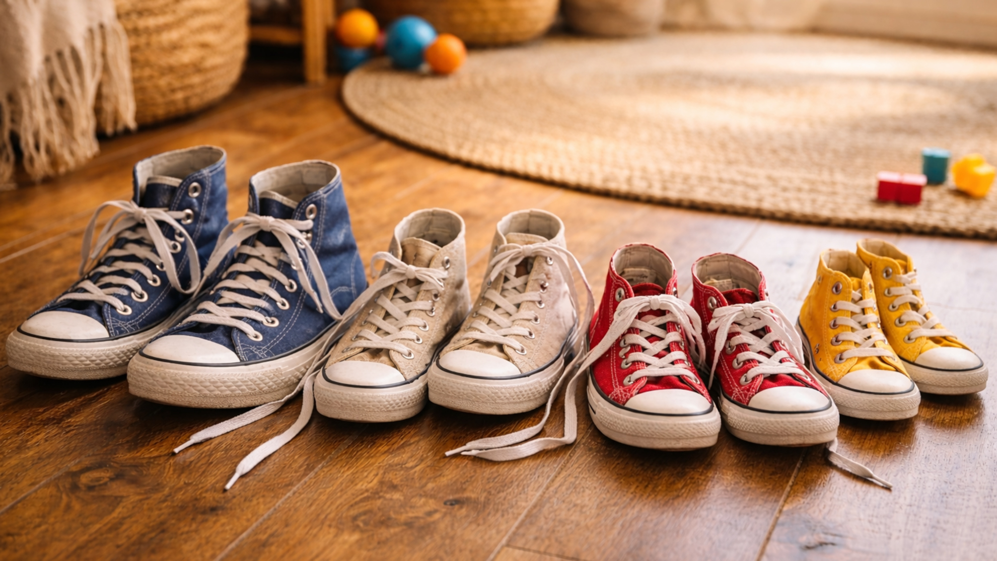 4 paia di scarpe da ginnastica a rappresentare i membri della famiglia