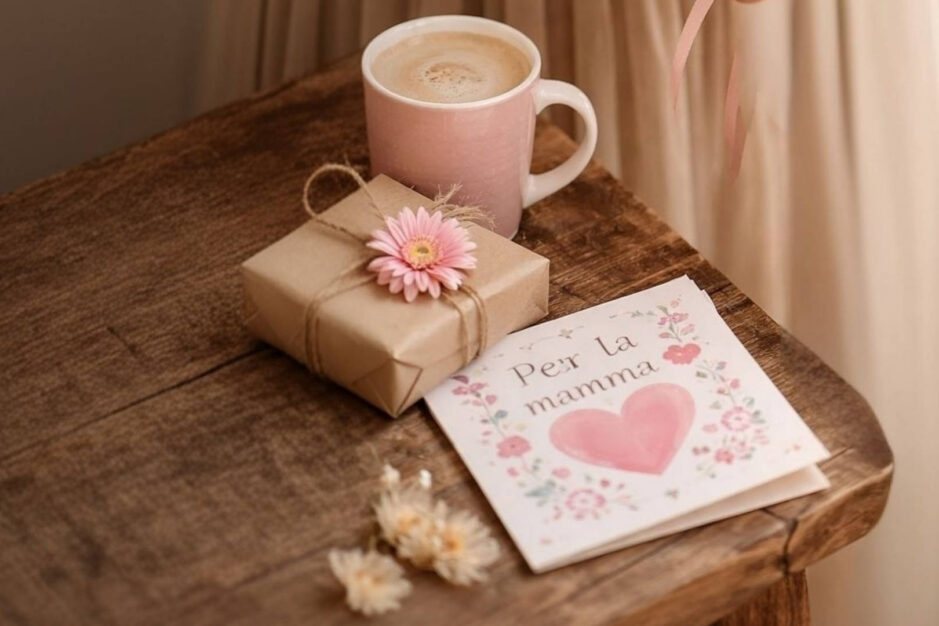 regaol, biglietto di auguri e tazza di te su un tavolono