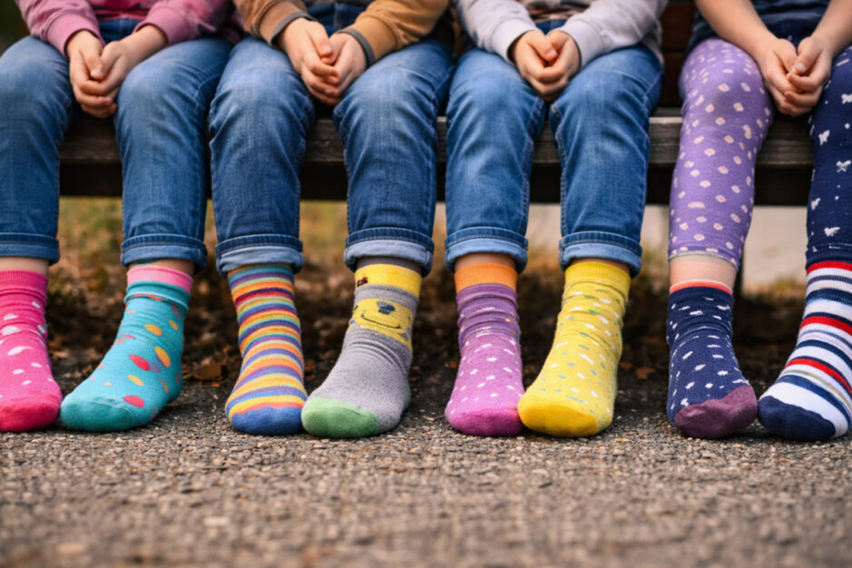 Bambini seduti con calzini colorati e spaiati