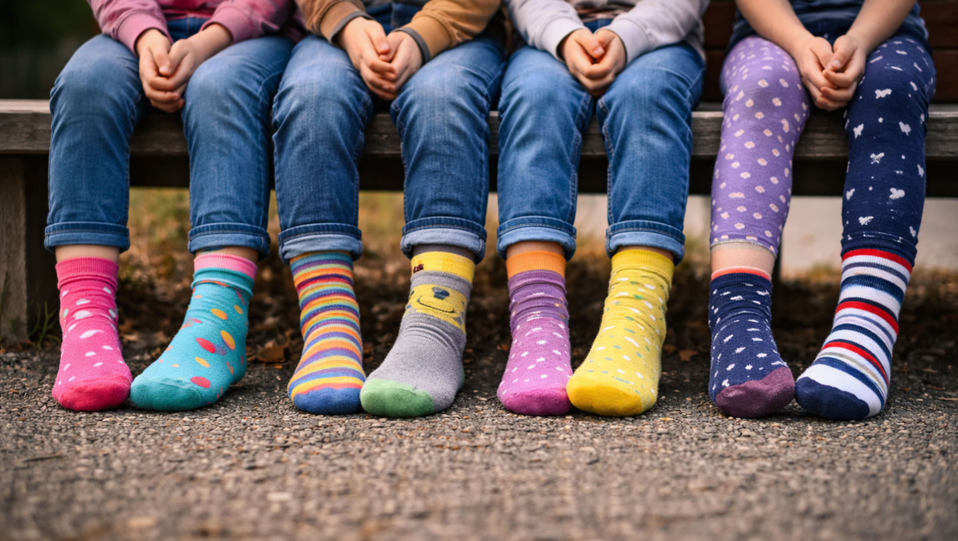 Bambini seduti con calzini colorati e spaiati