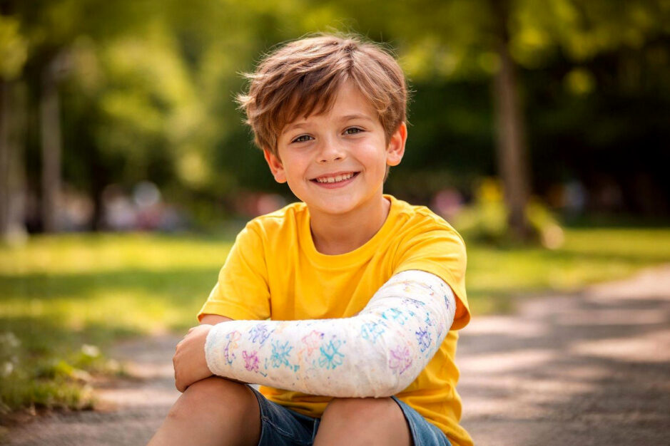 Bambino sorridente con braccio ingessato