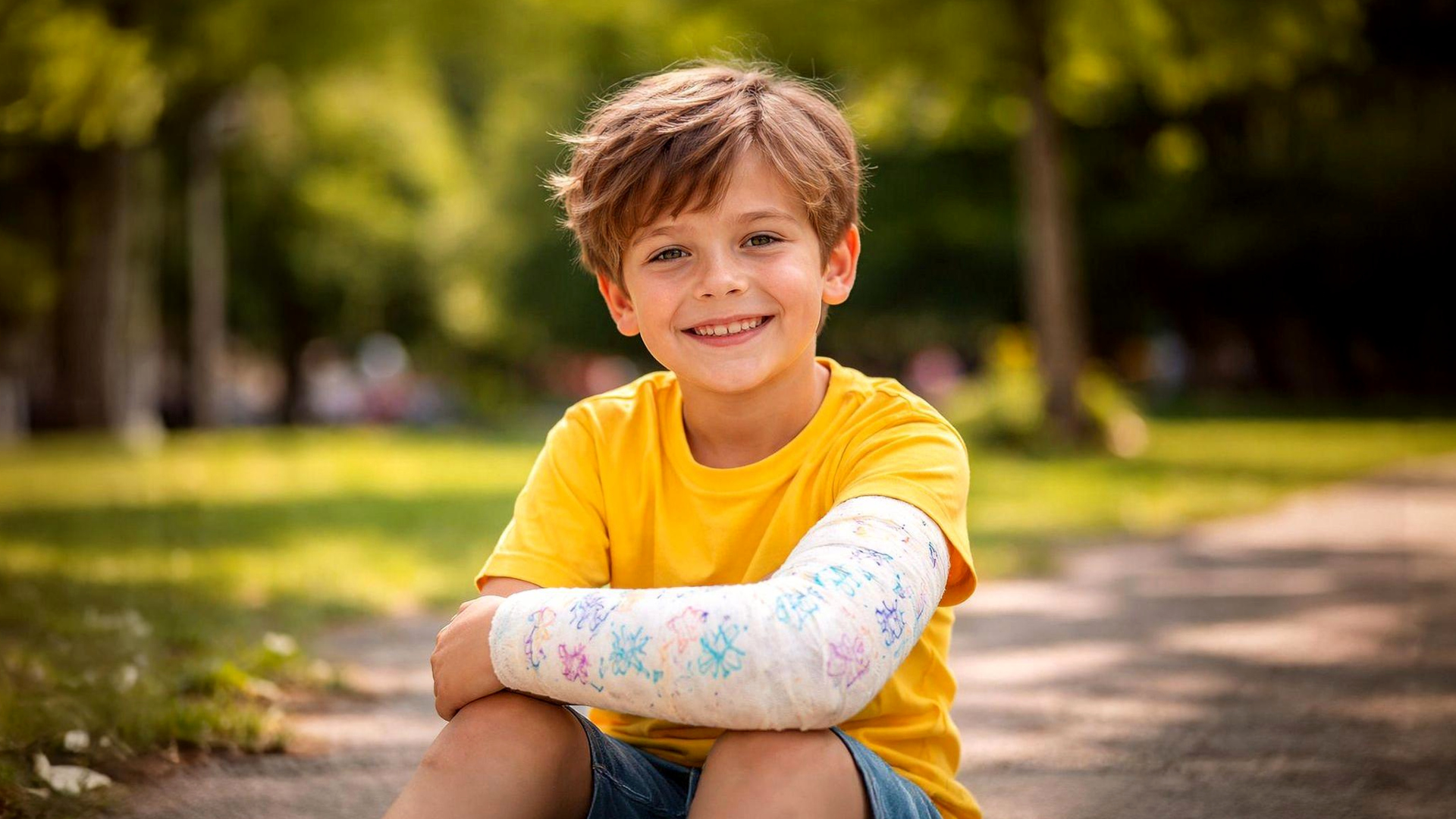 Bambino sorridente con braccio ingessato