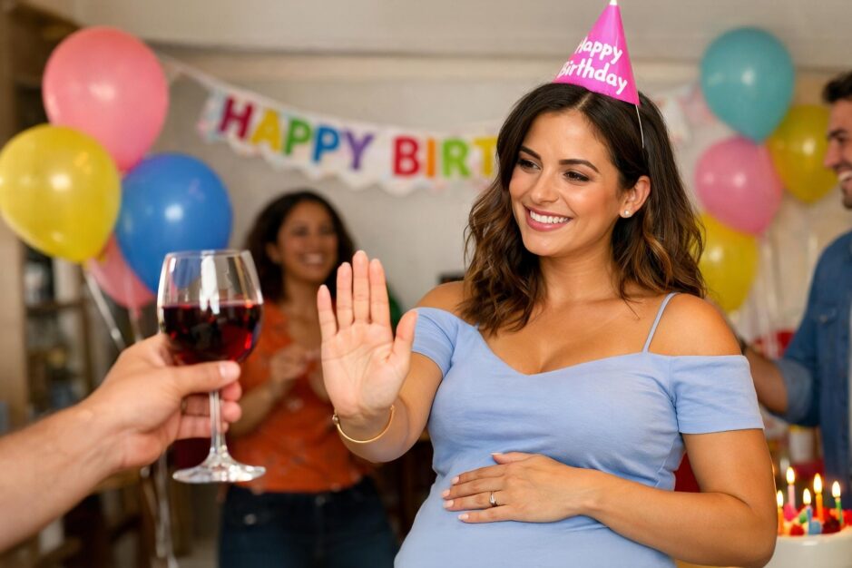 Donna incinta ad una festa di compleanno che rifiuta un bicchiere di vino