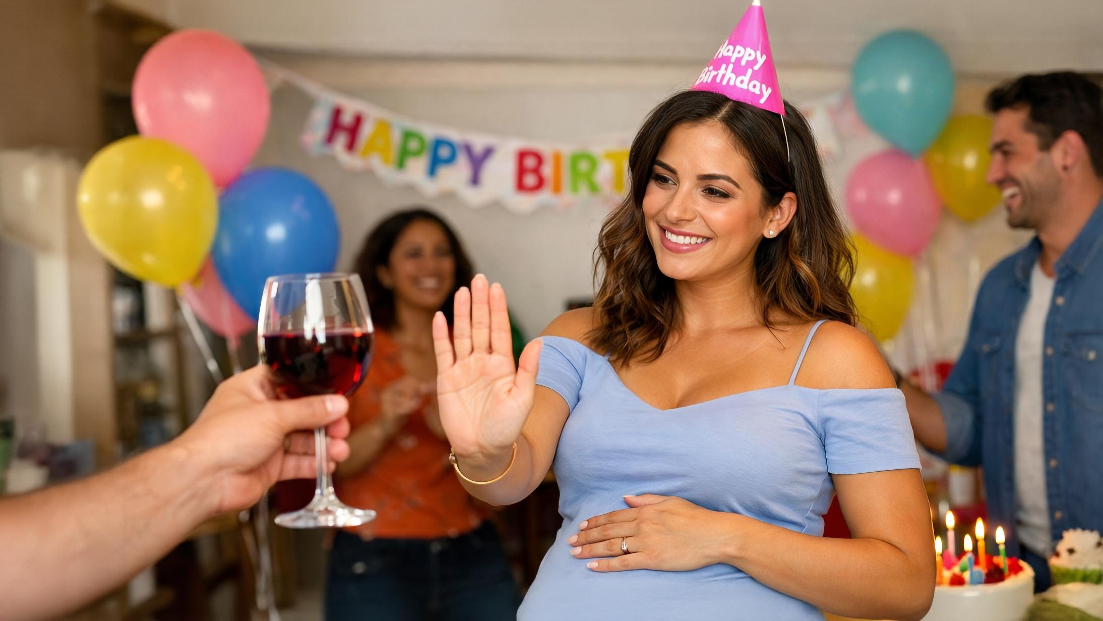 Donna incinta ad una festa di compleanno che rifiuta un bicchiere di vino