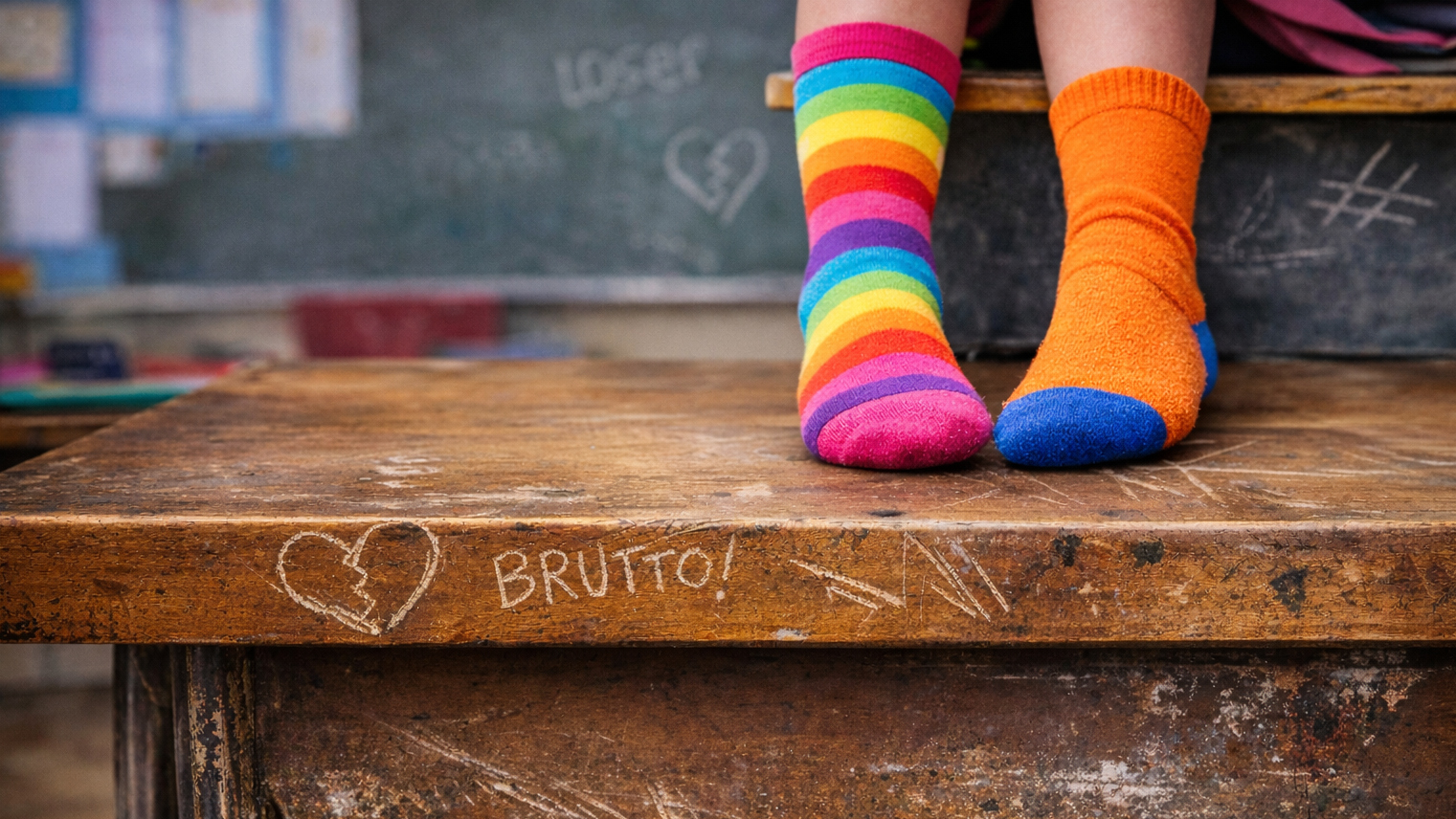 Piedi con calzini spaiati seduti sul banco con scritta brutto.