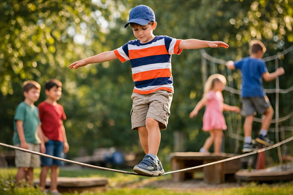bambino che si bilancia su una fune tesa