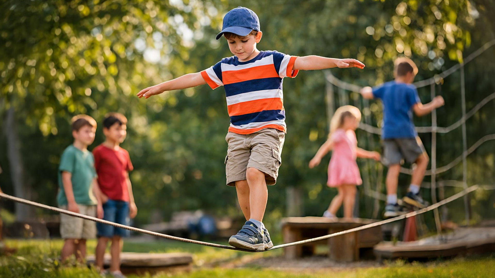 bambino che si bilancia su una fune tesa