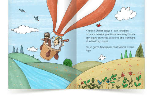 Immagine dal libro La Principessa Canterina: 
la mongolfiera che trasporta i saggi consiglieri alla ricerca di mamma e papà