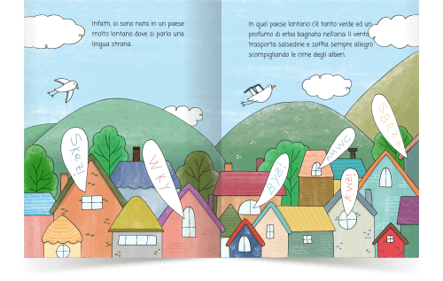 Immagine dal libro La Principessa Canterina: 
immagine di case con fumetti di lingue sconosciute