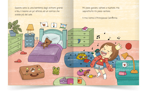 Immagine dal libro La Principessa Canterina: 
la Principessa che canta allegra nella sua camera da letto