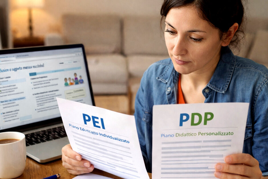Mamma che cerca di leggere i foglio del PDP e PEI