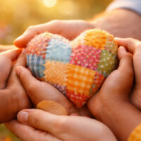 mani che tengono un cuore di stoffa