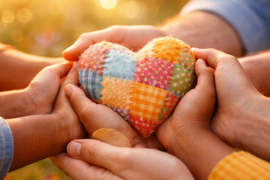 mani che tengono un cuore di stoffa