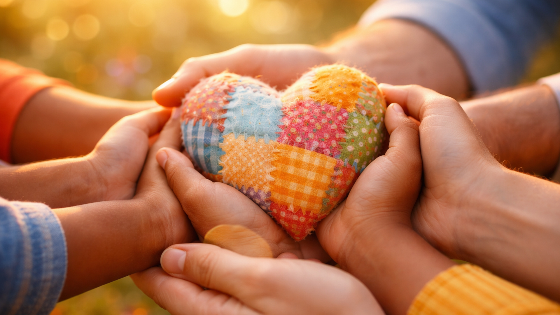 mani che tengono un cuore di stoffa