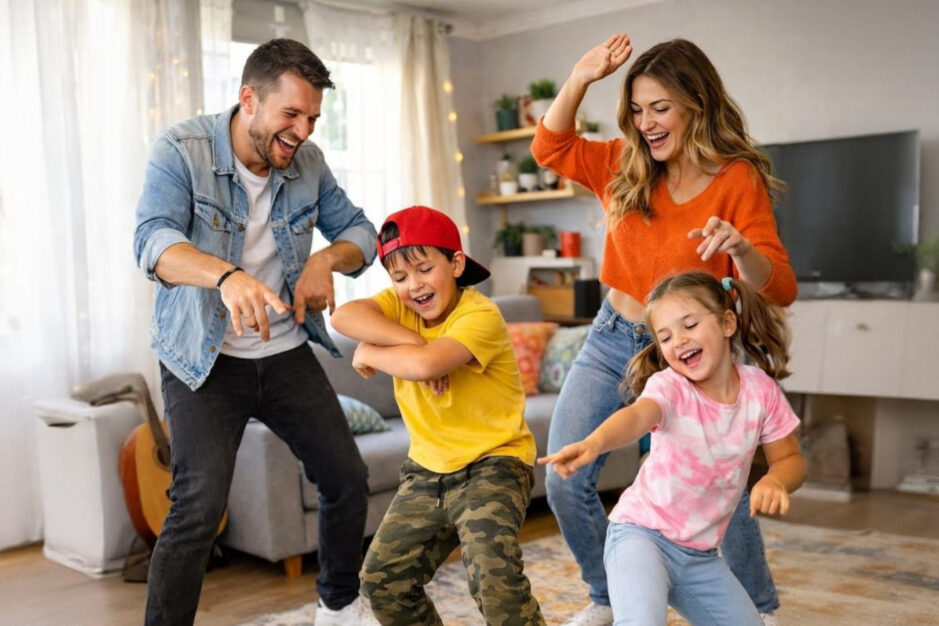 Famiglia che balla scoorinata in soggiorno