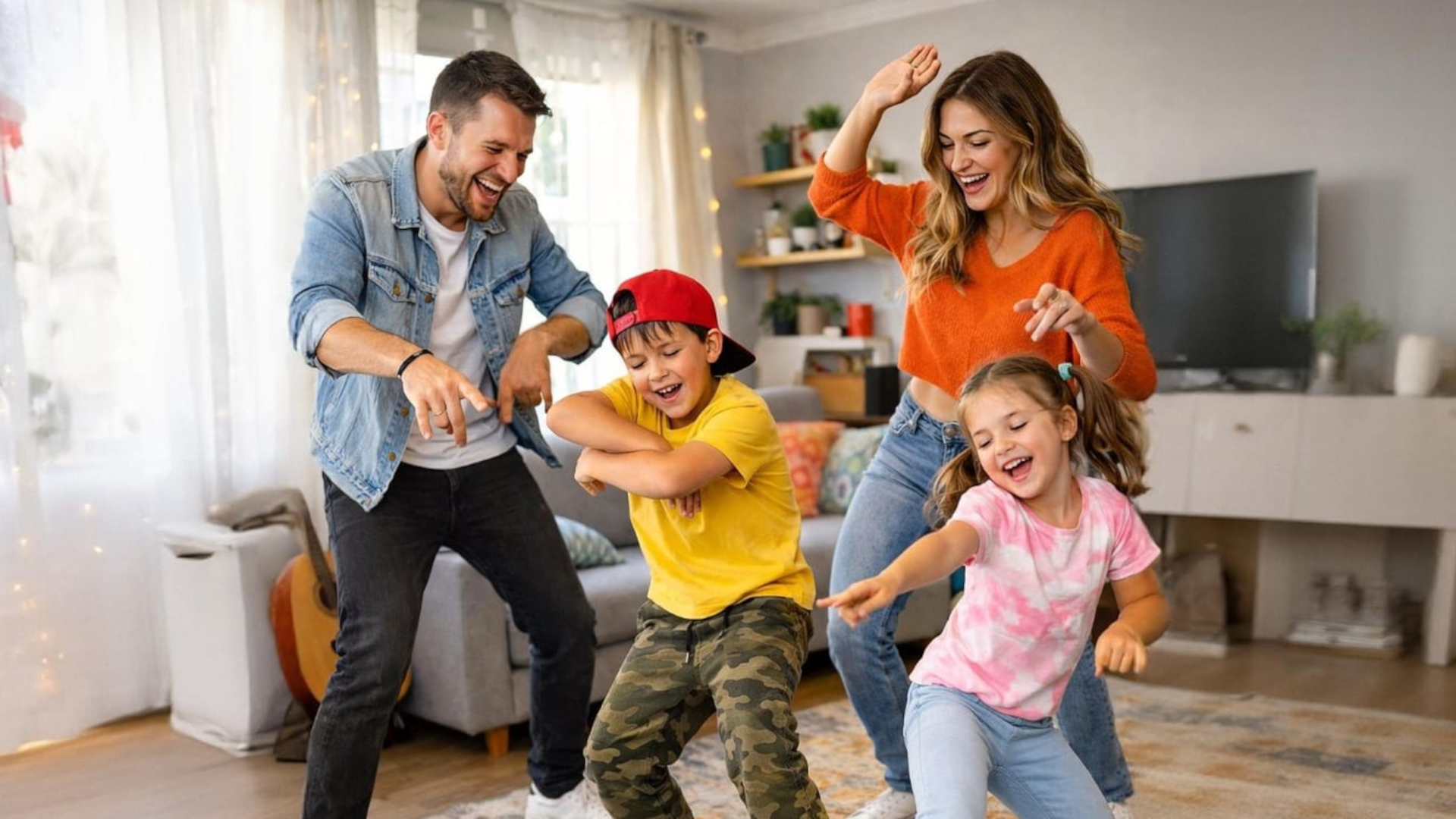 Famiglia che balla scoorinata in soggiorno