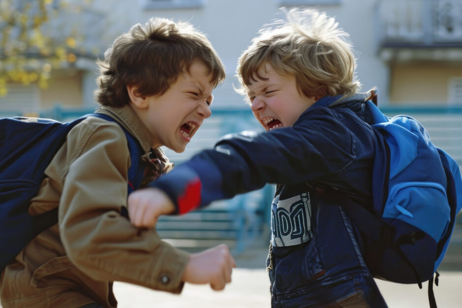 Bambini che si picchiano e litigano tirando pugni l'uno all'atro