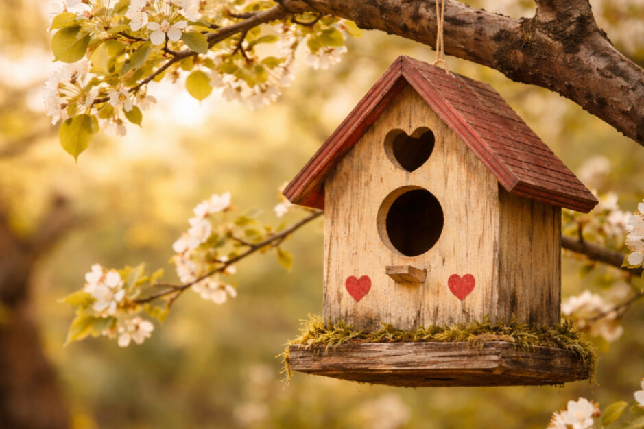 Casa per uccelli in legno immersa tra i fiori di ciliegio