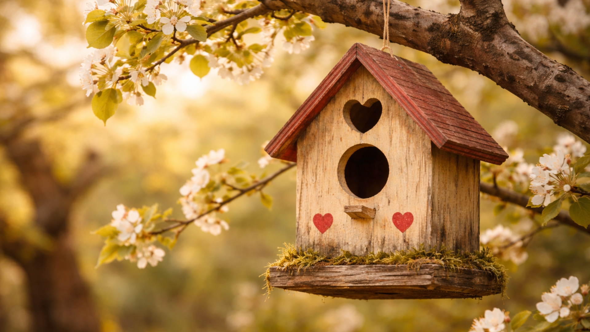 Casa per uccelli in legno immersa tra i fiori di ciliegio