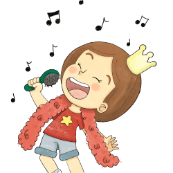 principessa che canta contenta in una spazzola come se fosse un microfono