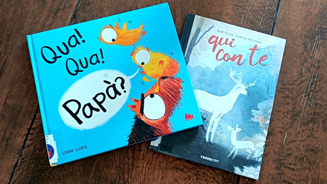 copertina dei libri qua qua papà? e Qui con te