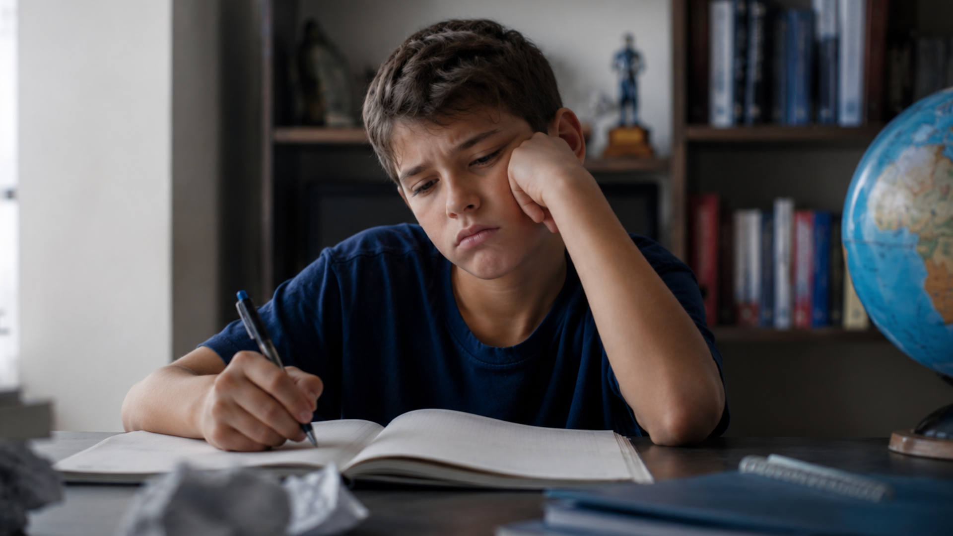 Ragazzo demotivato che scrive su di un libro di scuola
