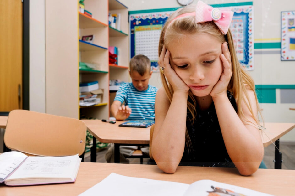 Bambina al banco di scuola annoiata