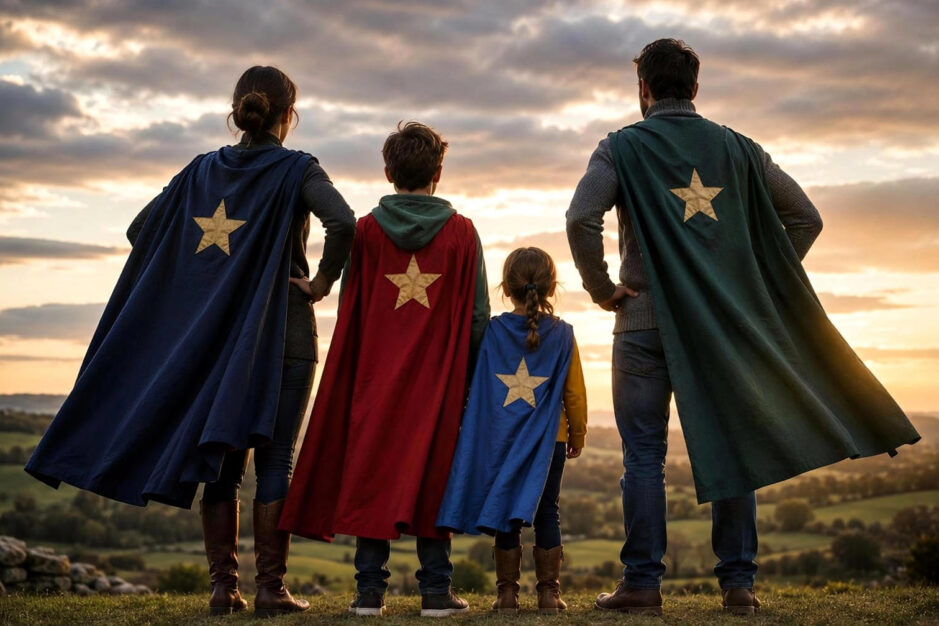 Famiglia di eroi con i loro mantelli