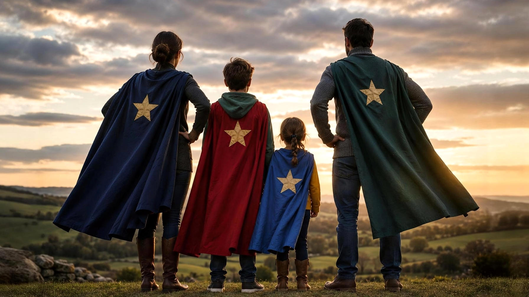 Famiglia di eroi con i loro mantelli