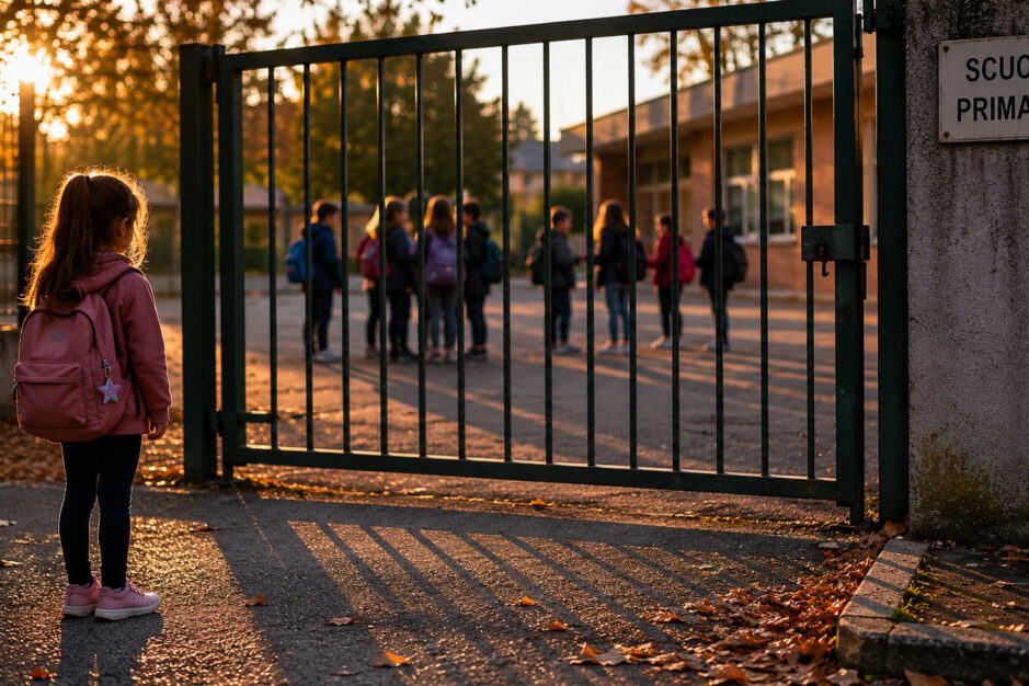 bambina che rimane fuori dal cancello di scuola