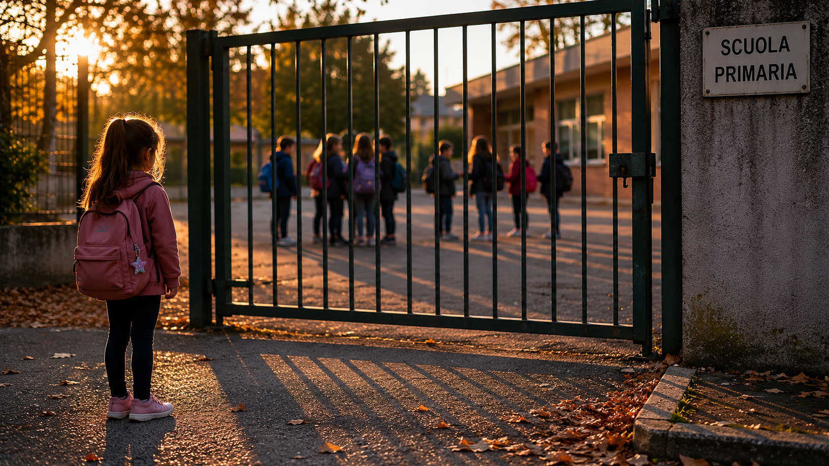 bambina che rimane fuori dal cancello di scuola